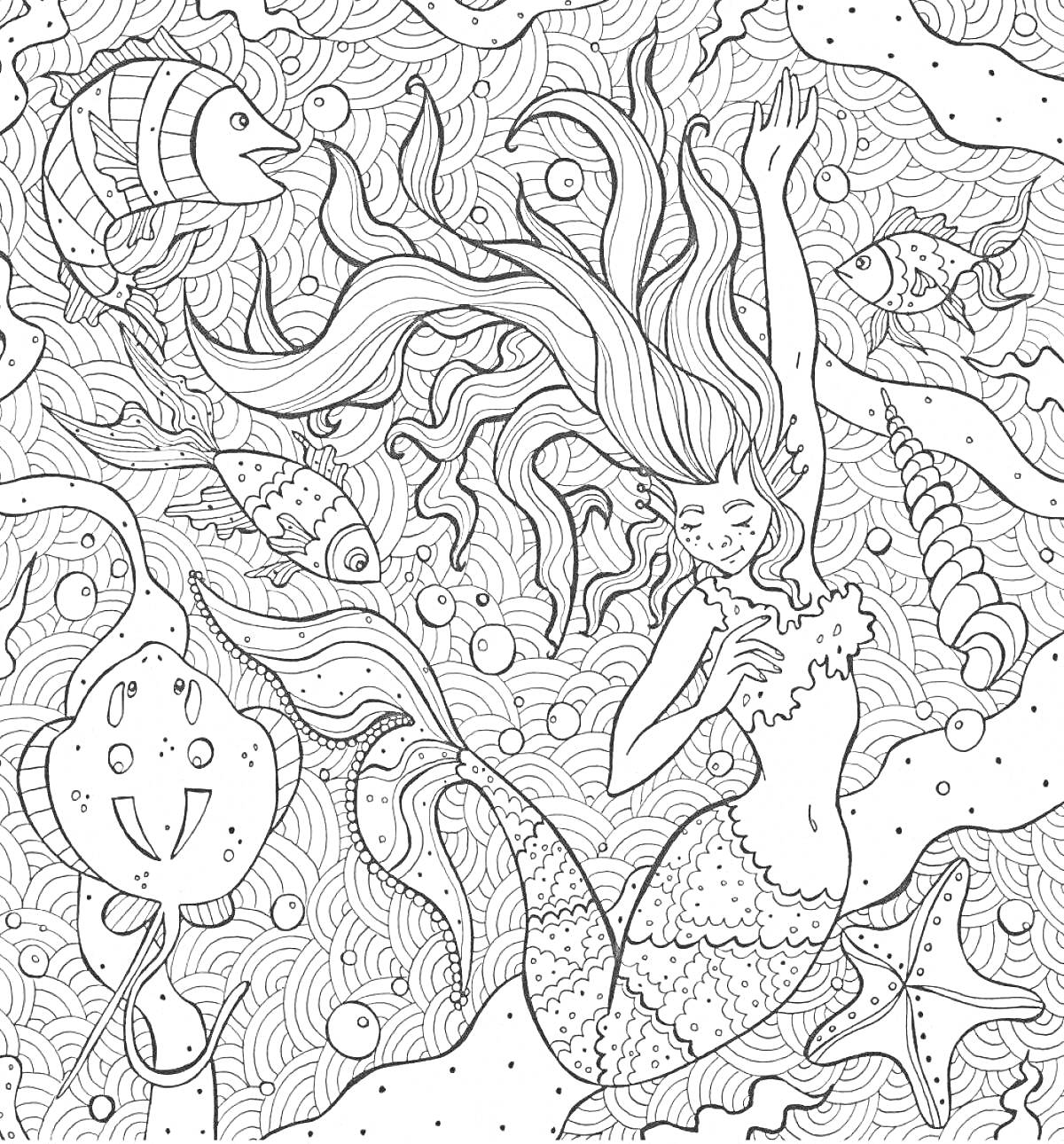 На раскраске изображено: Русалка, Подводный мир, Скат, Водоросли, Магия, Вода