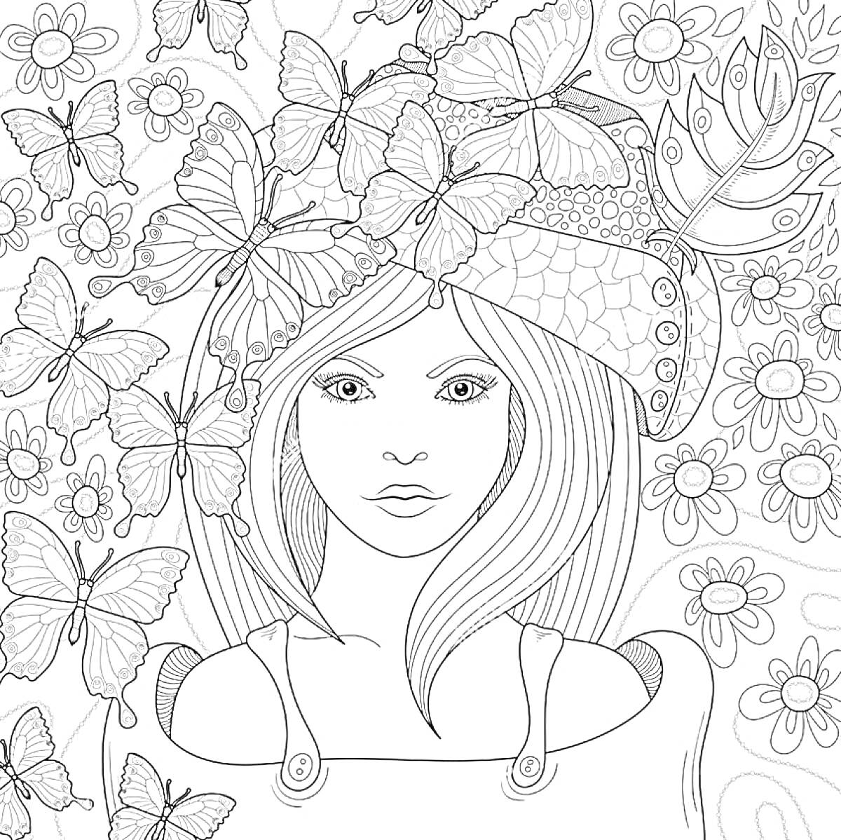 Раскраска Девушка с бабочками в волосах на фоне цветов