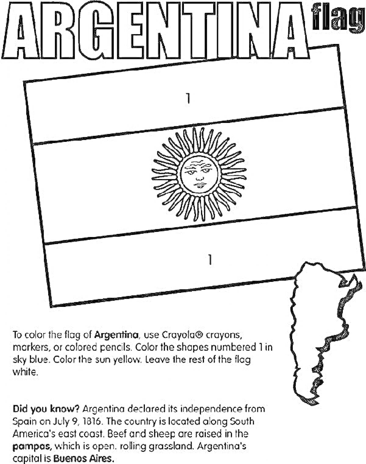 Раскраска Раскраска флаг Аргентины с солнцем посередине, текстом-инструкцией, и картой Аргентины