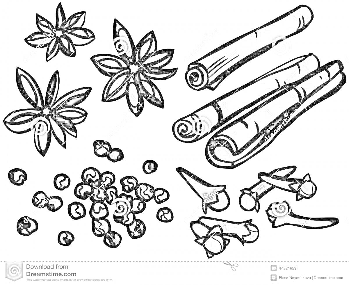 Раскраска Коричные палочки, бадьян, гвоздика и перец