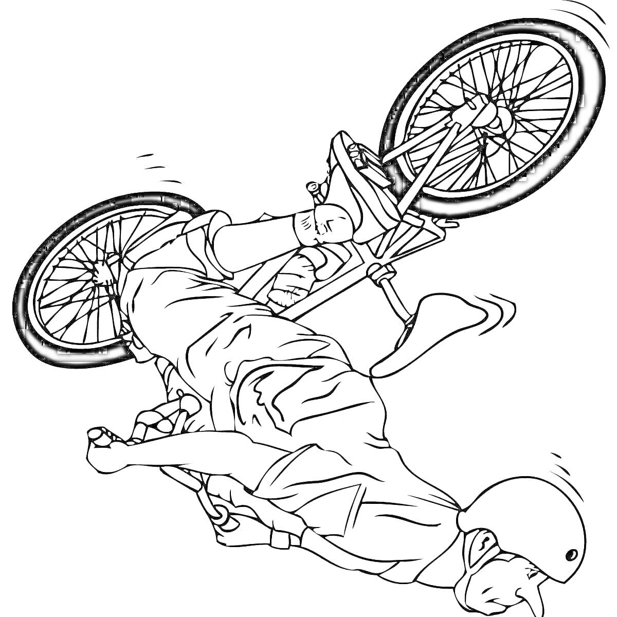 На раскраске изображено: BMX, Велосипед, Трюк, Каска, Человек, Спорт, Экстремальный спорт, Велосипедист