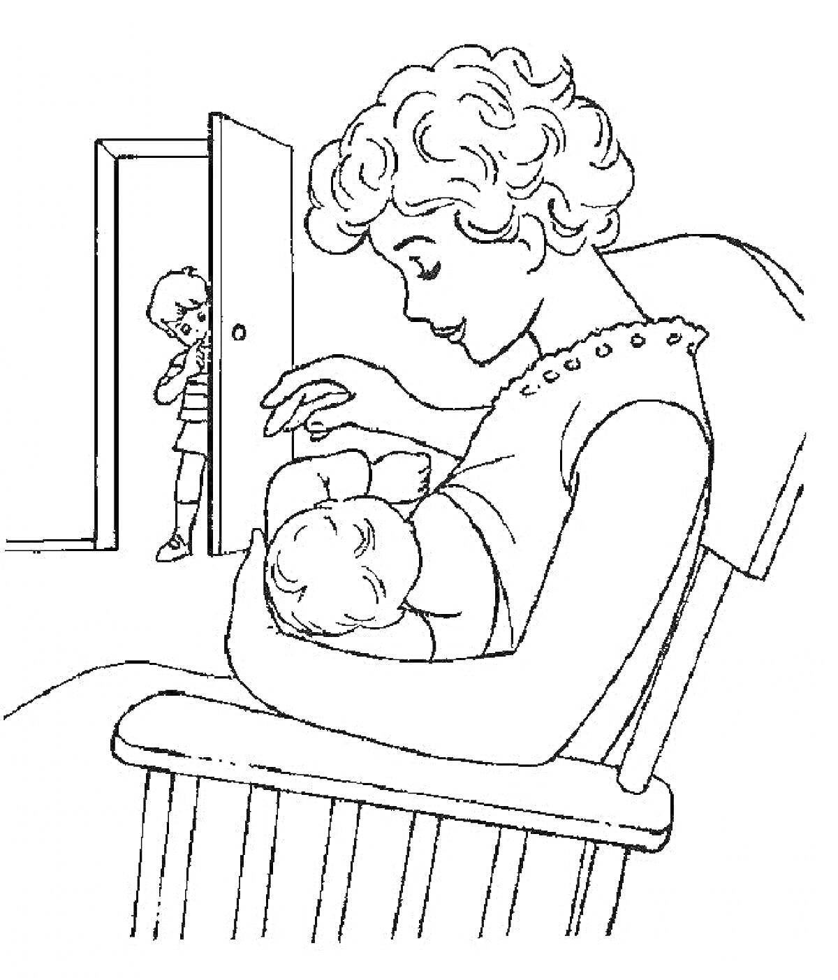 На раскраске изображено: Мама, Младенец, Ребенок, Кресло-качалка, Дверь, Дом, Забота, Семья, Любовь