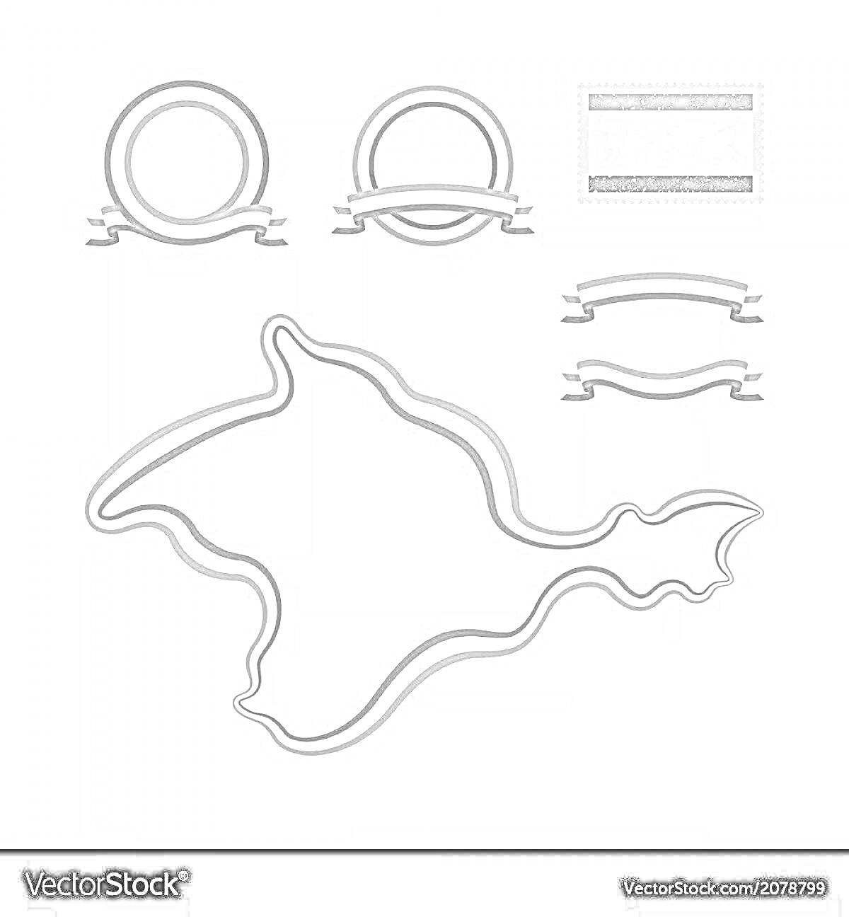 Раскраска Карта Крыма с обводкой, две круглые рамки с лентами, флаг, две горизонтальные ленты