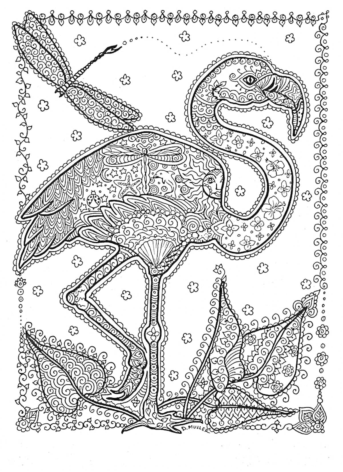 Антистресс раскраска с фламинго, змеёй, стрекозой, цветами, узорами и декоративной рамкой