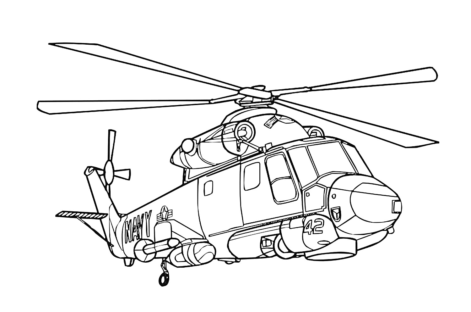 На раскраске изображено: Вертолет, Военный, Лопасти, Корпус, Техника, Транспорт, Авиация