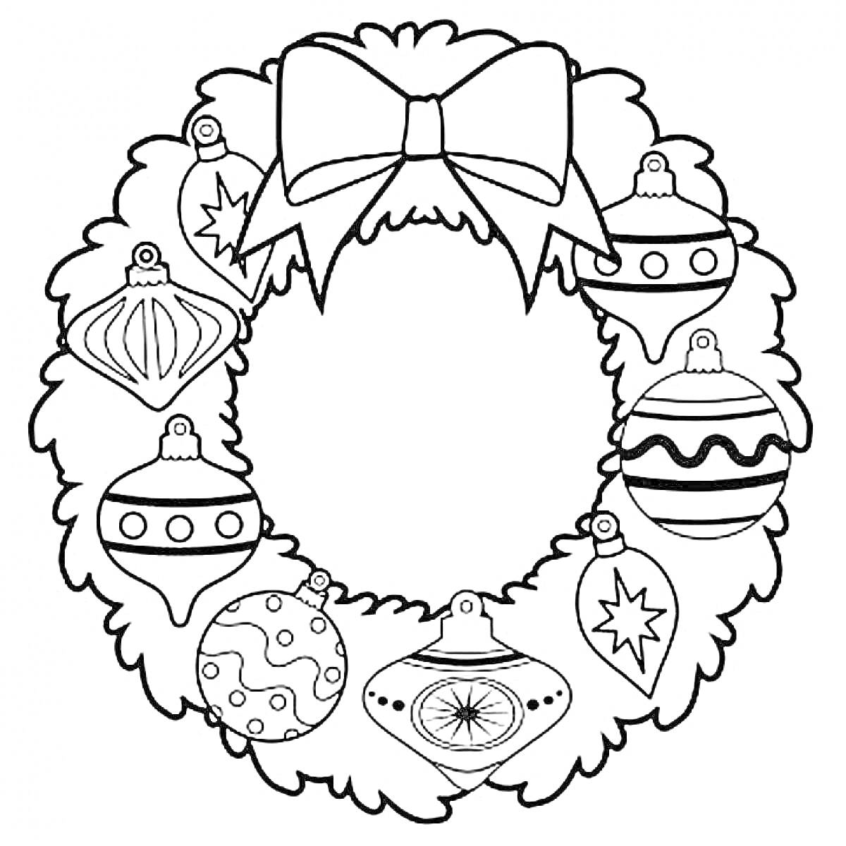 Раскраска Новогодний венок с бантом и украшениями (шарики, снежинка, звезда, полоски, волны, волнистые линии)
