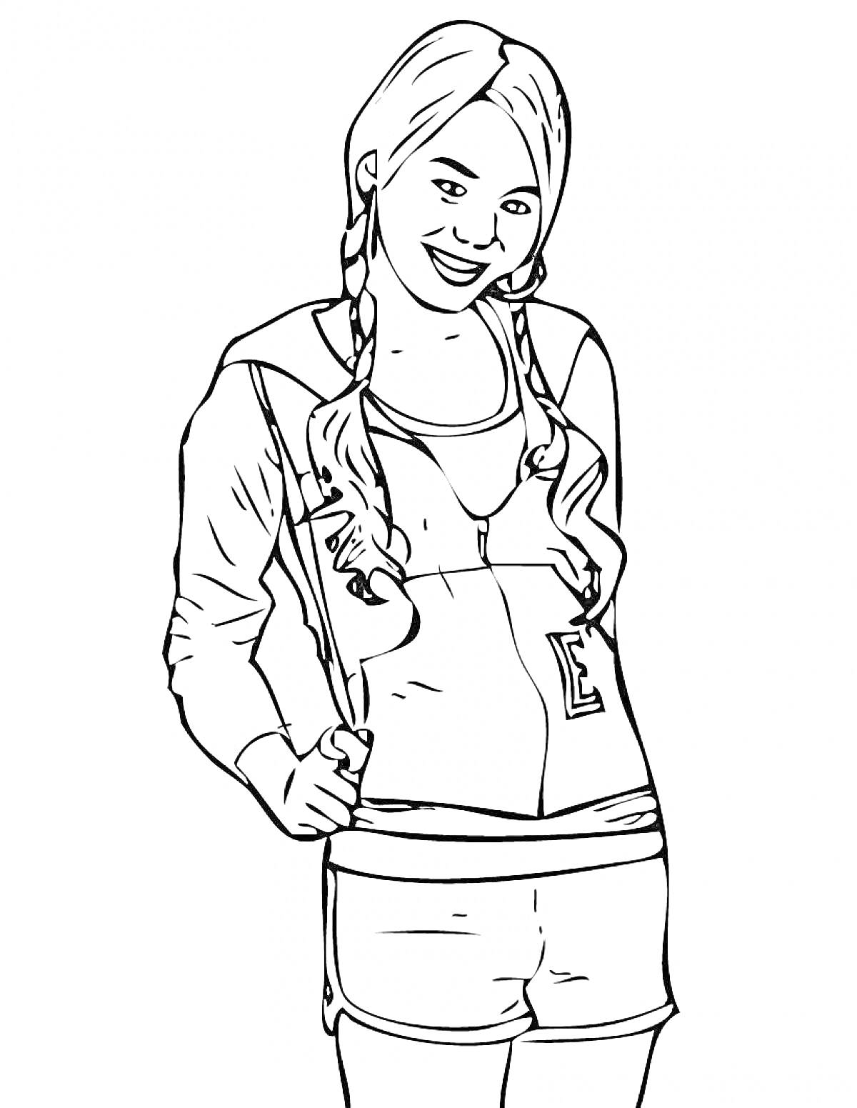 Раскраска Ханна Монтана в спортивной куртке и шортах с косичками