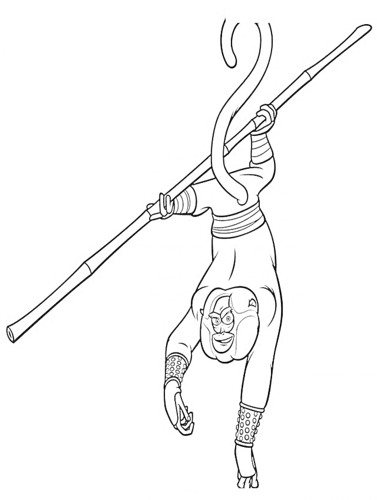 Раскраска Обезьяна-воин с посохом, висящая вниз головой на хвосте