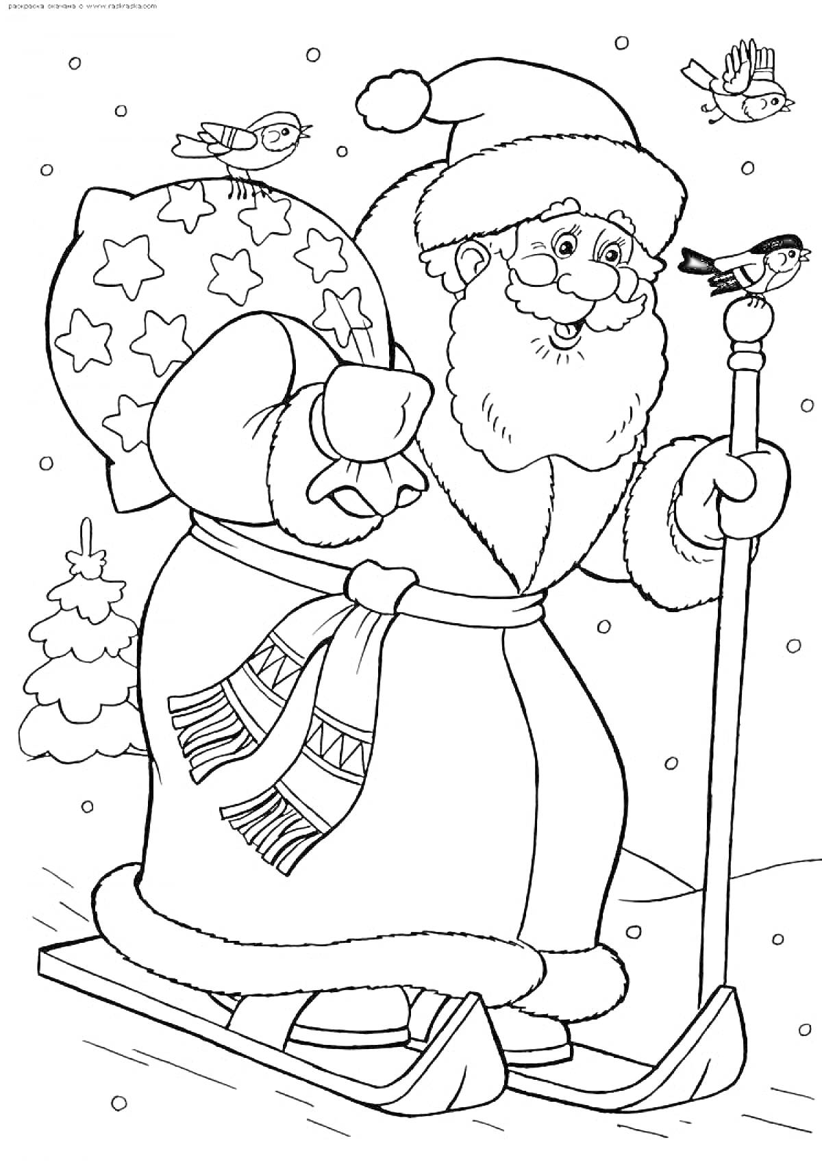 На раскраске изображено: Дед Мороз, Лыжи, Зимний лес, Снег, Елки, Мешок с подарками, Птица