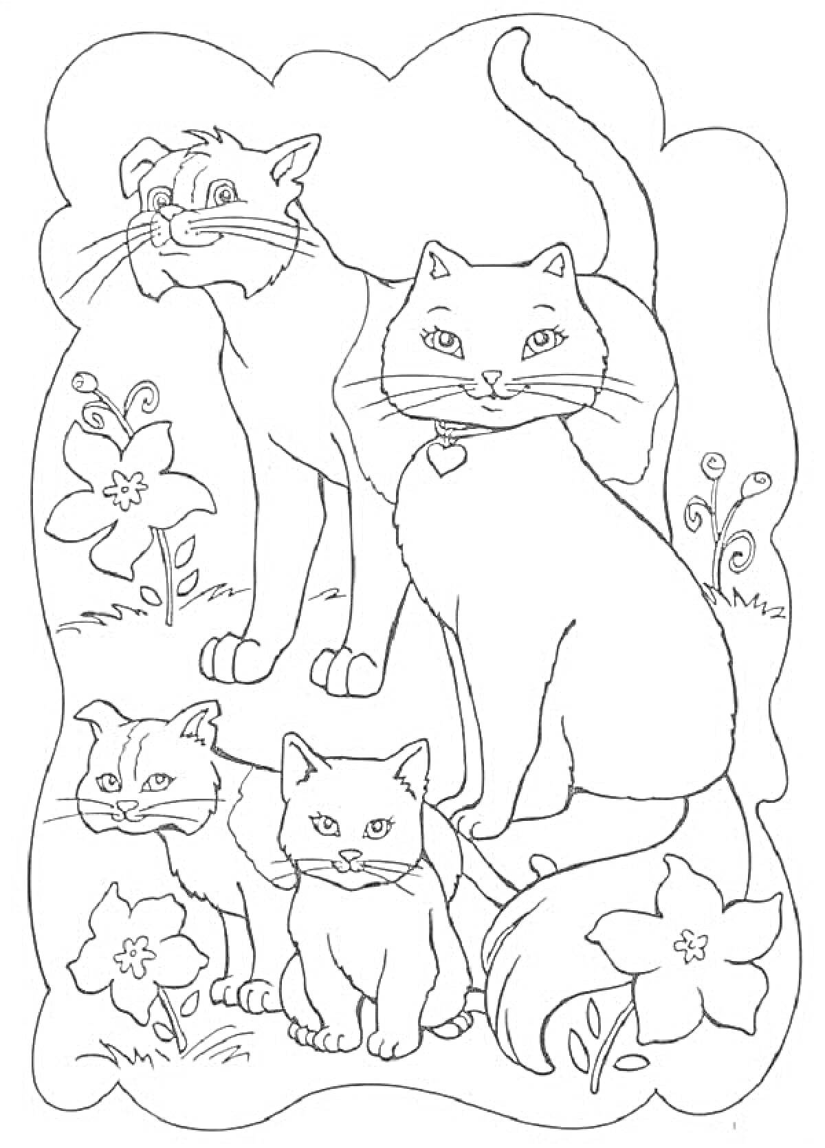 Раскраска Семейство кошек среди цветов