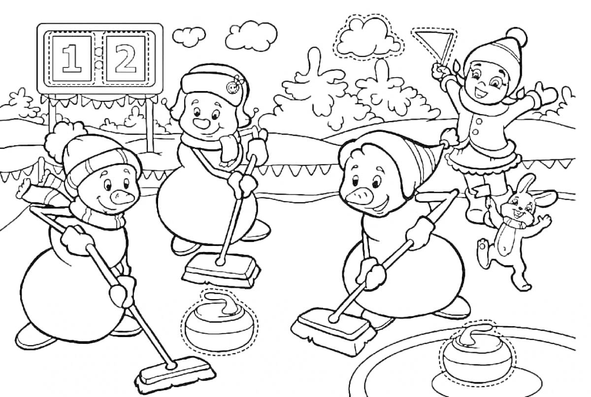 Раскраска Медвежата играют в керлинг (на льду, табличка с цифрами 1 и 2, девушка с лопатой, кролик, гирлянды, деревья)