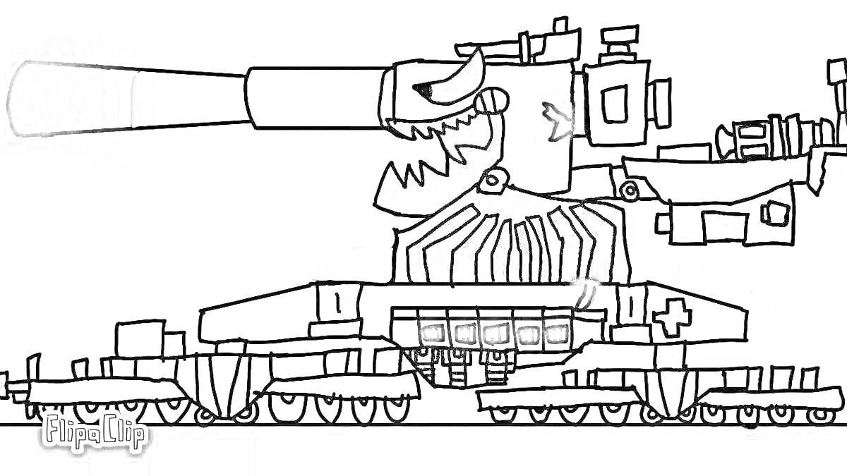 Раскраска Большой боевой танк с выразительным ртом, развернутым в сторону, и длинным дулом на колёсной платформе
