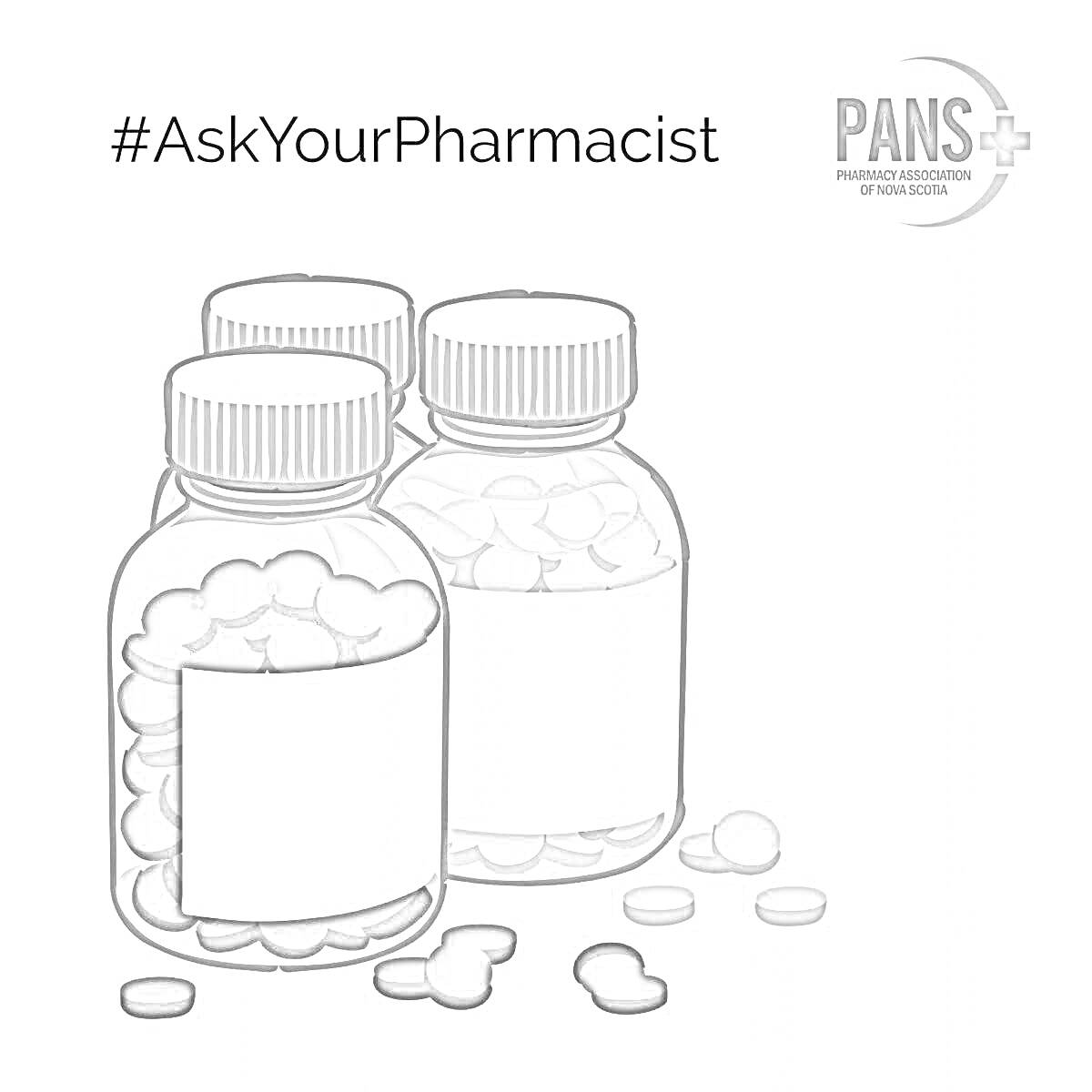 Раскраска Баночки с витаминами и таблетками для детей, хештег #AskYourPharmacist, логотип PANS+ Pharmacists Association of Nigeria