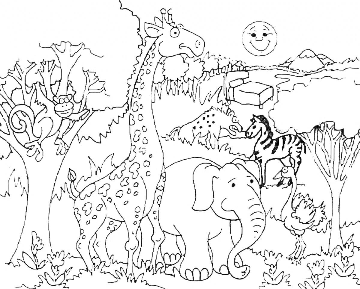На раскраске изображено: Животные, Африка, Сафари, Слон, Страус, Природа, Лес, Деревья, Кусты, Камни, Горы, Солнце