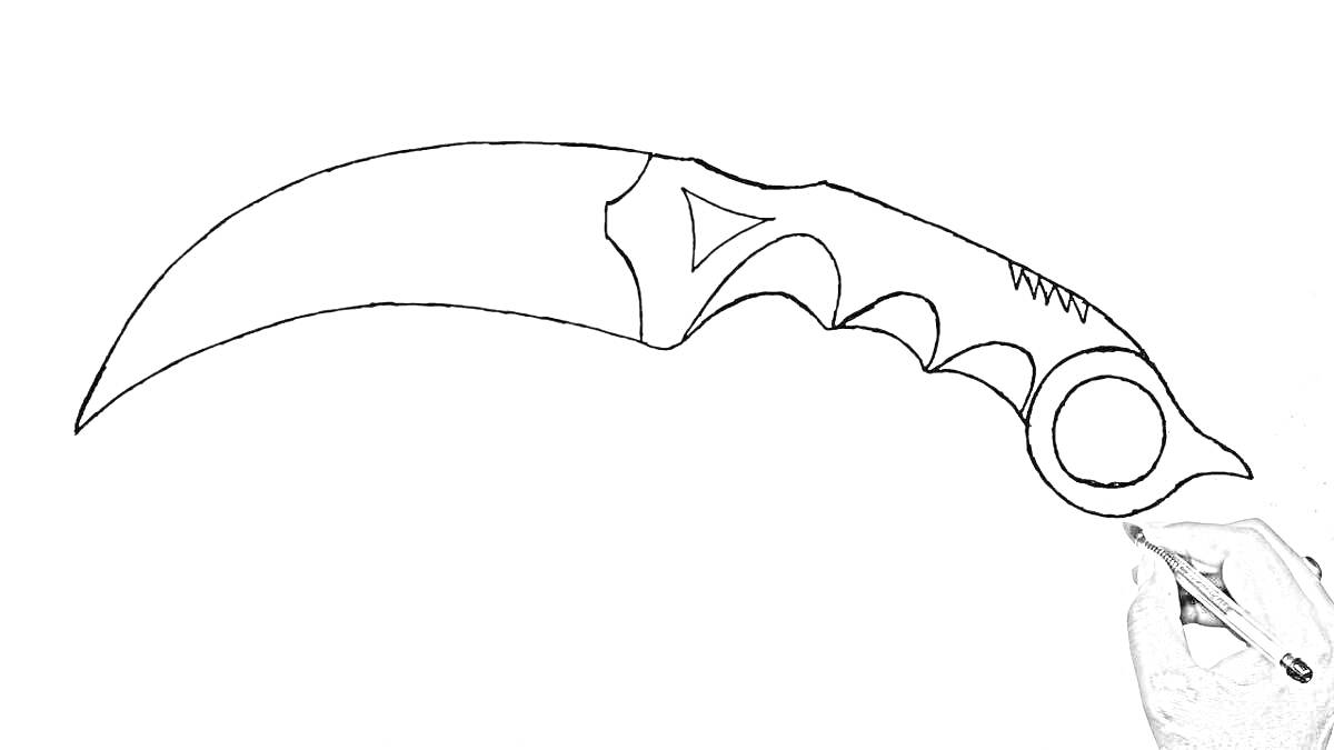 Раскраска Раскраска - Карабит Голд: нож карабит с кольцом и изогнутым лезвием