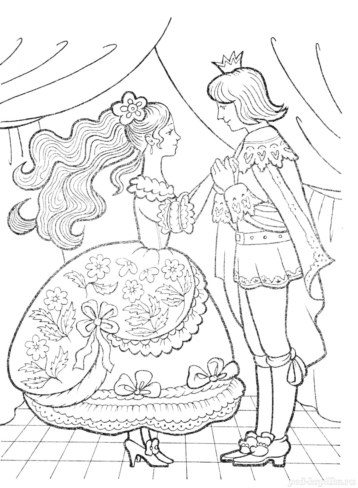 На раскраске изображено: Принц, Принцесса, Бал, Танец, Корона, Платье, Цветы, Бант
