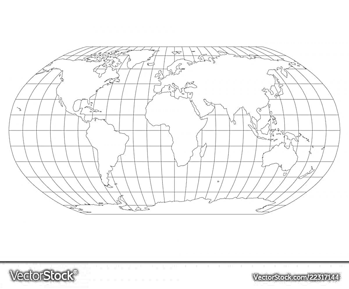 Раскраска Контурная карта мира для раскраски с изображением материков и меридианов