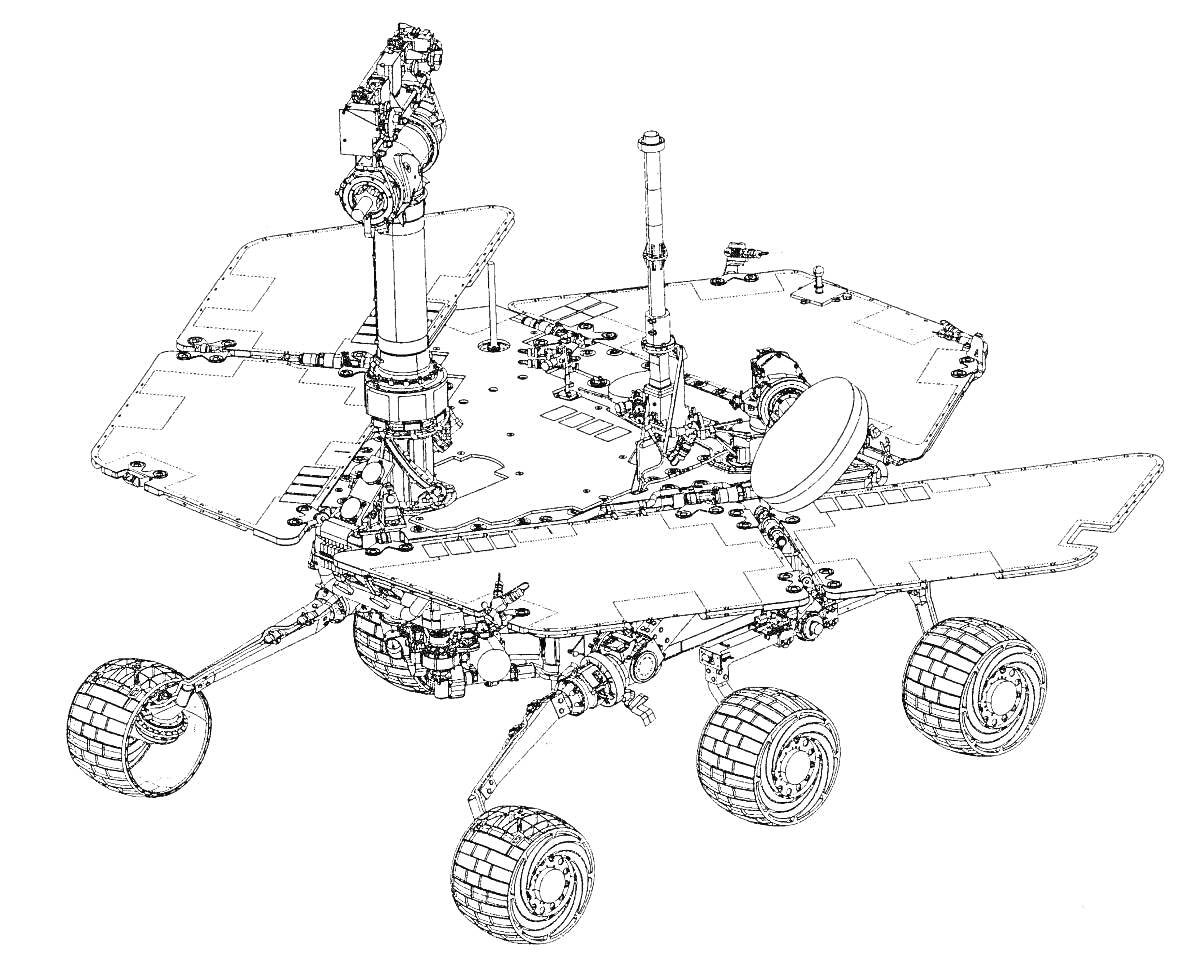 Раскраска марсоход с шести колесами, антеннами и робо-манипулятором