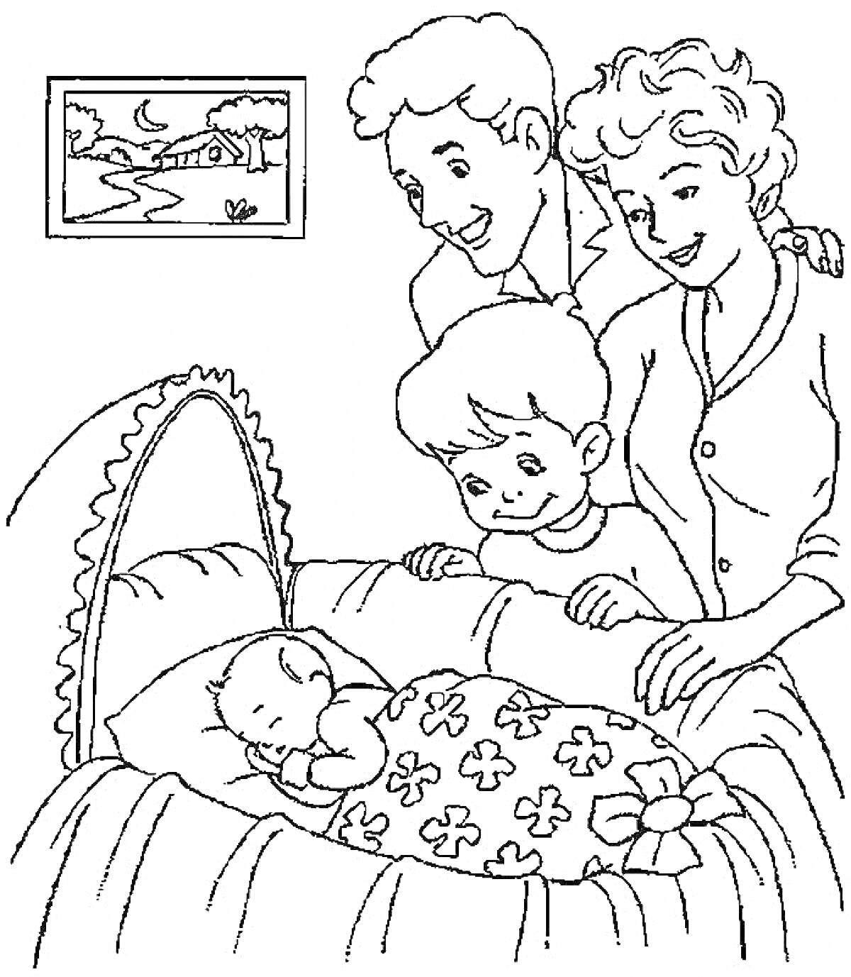 Семья возле кроватки с младенцем, мама, папа, старший брат и маленький ребенок, картина на стене с пейзажем