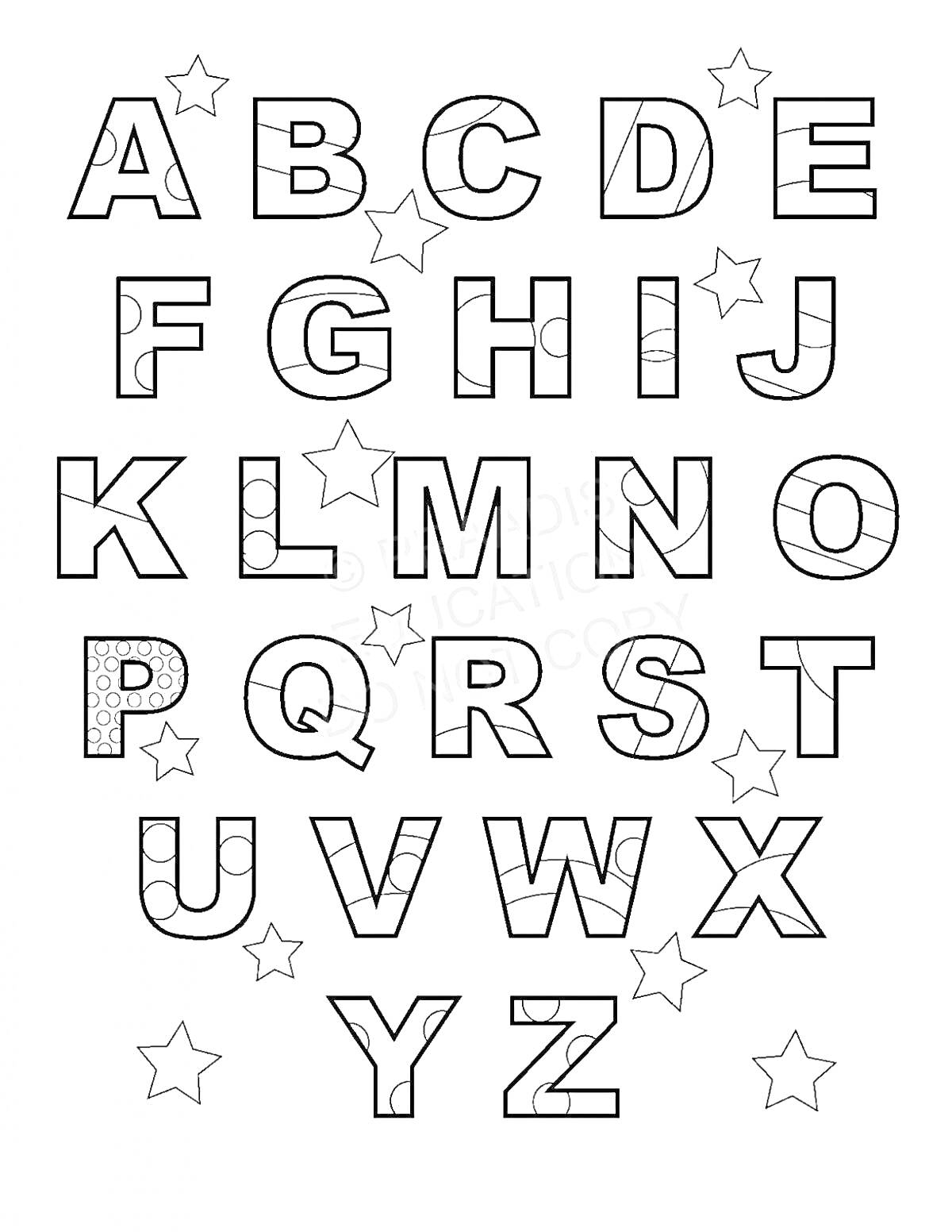 На раскраске изображено: Алфавит, Буквы, Звезды, Английский алфавит, Для детей, Обучение