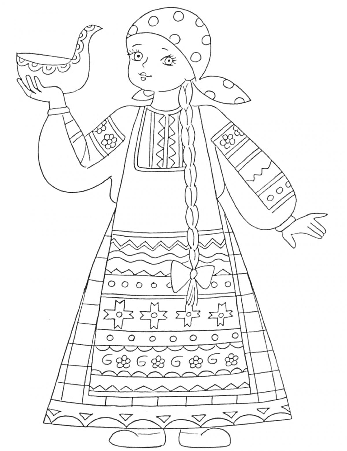 Раскраска Девушка в русском народном костюме с кокошником и чашей в форме птицы