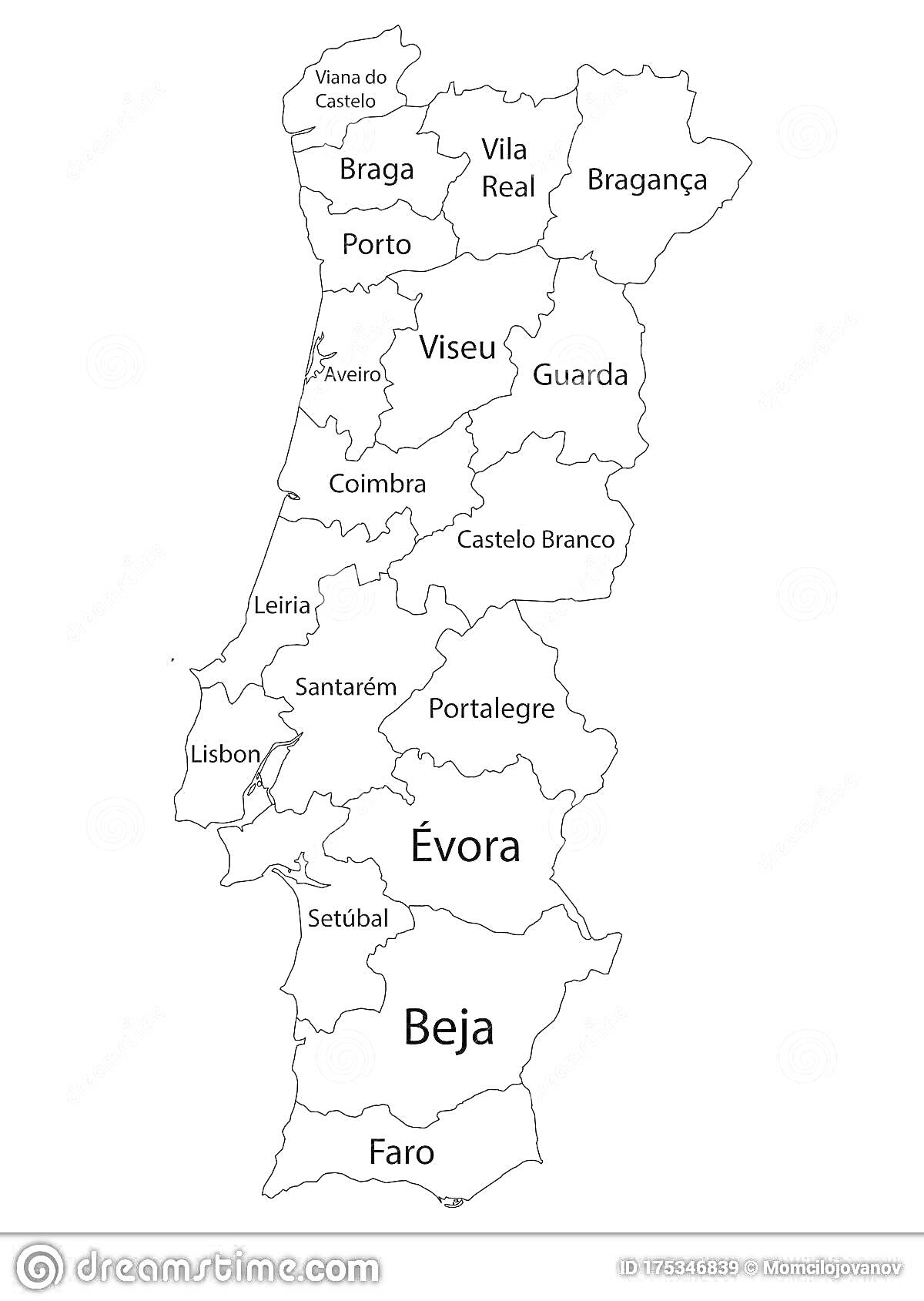На раскраске изображено: Португалия, Карта, Города, Регионы, География