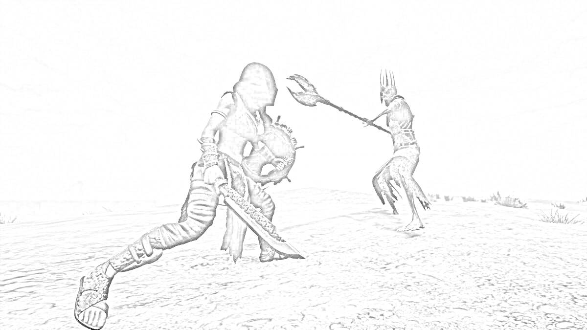 Два воина в бою: один с щитом и мечом, другой с двусторонним копьем и в маске с рогами