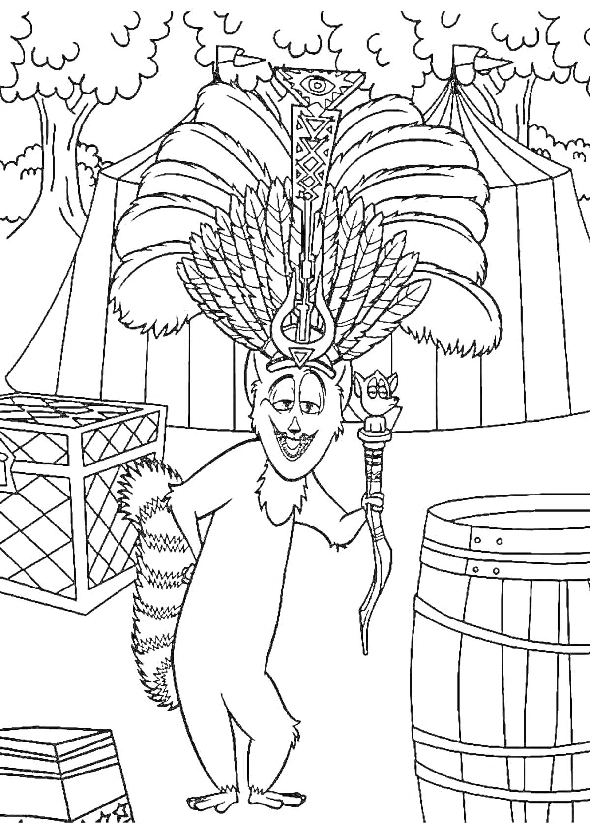 Раскраска Лемур с посохом и головным убором из перьев на фоне ящиков, бочек и циркового шатра