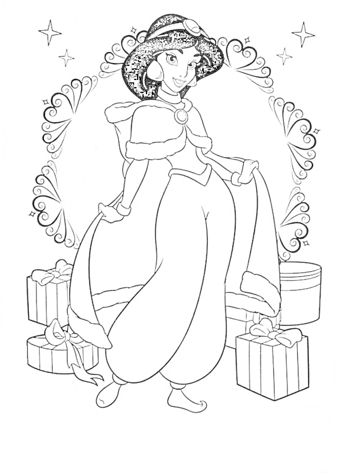 Раскраска Принцесса Жасмин с новогодними подарками на фоне украшений