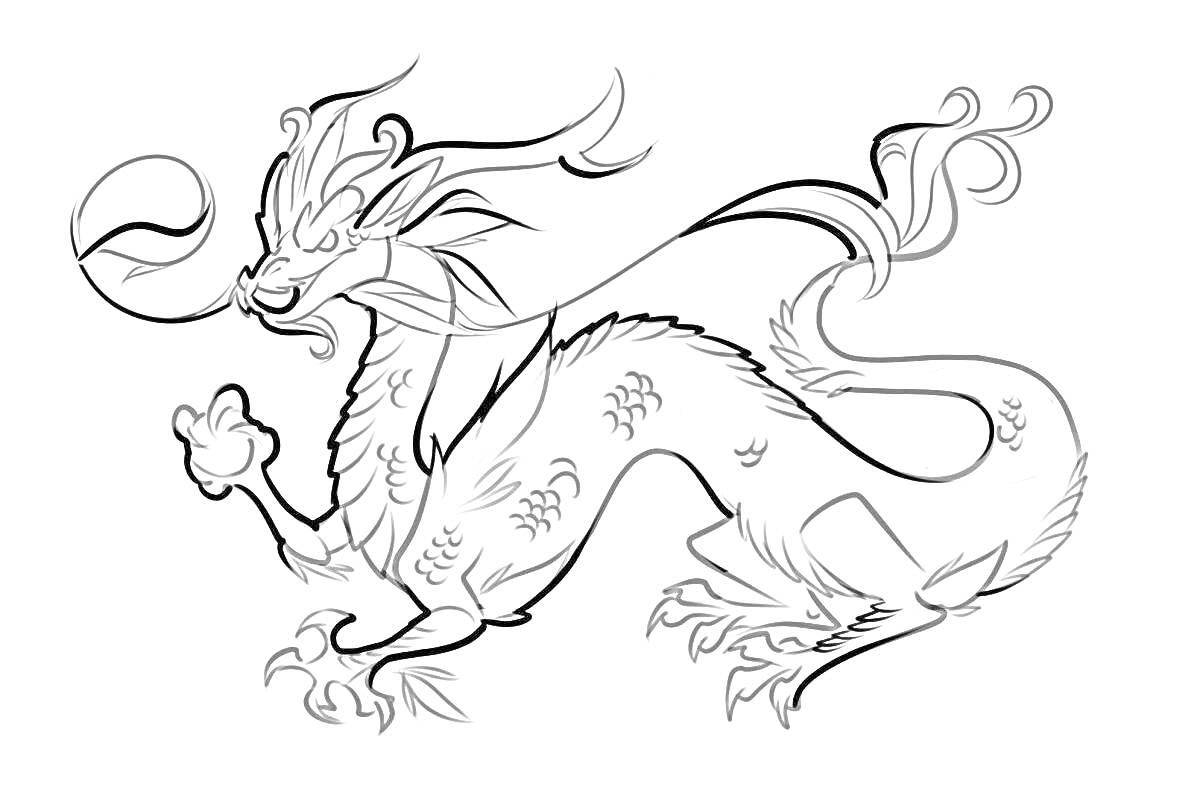 На раскраске изображено: Китайский дракон, Дракон, Сфера, Когти, Чешуя, Мифология, Фэнтези, Сказочные персонажи
