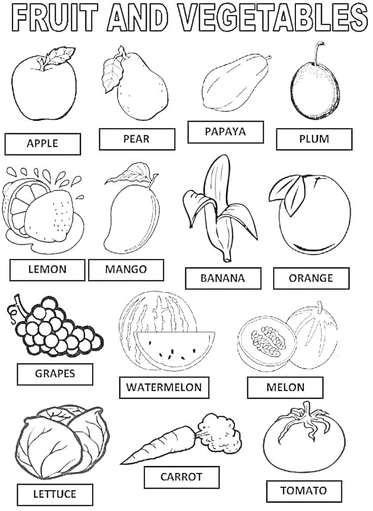 Раскраска Раскраска для детей фрукты и овощи на английском: яблоко, груша, папайя, слива, лимон, манго, банан, апельсин, виноград, арбуз, дыня, салат, морковь, помидор.