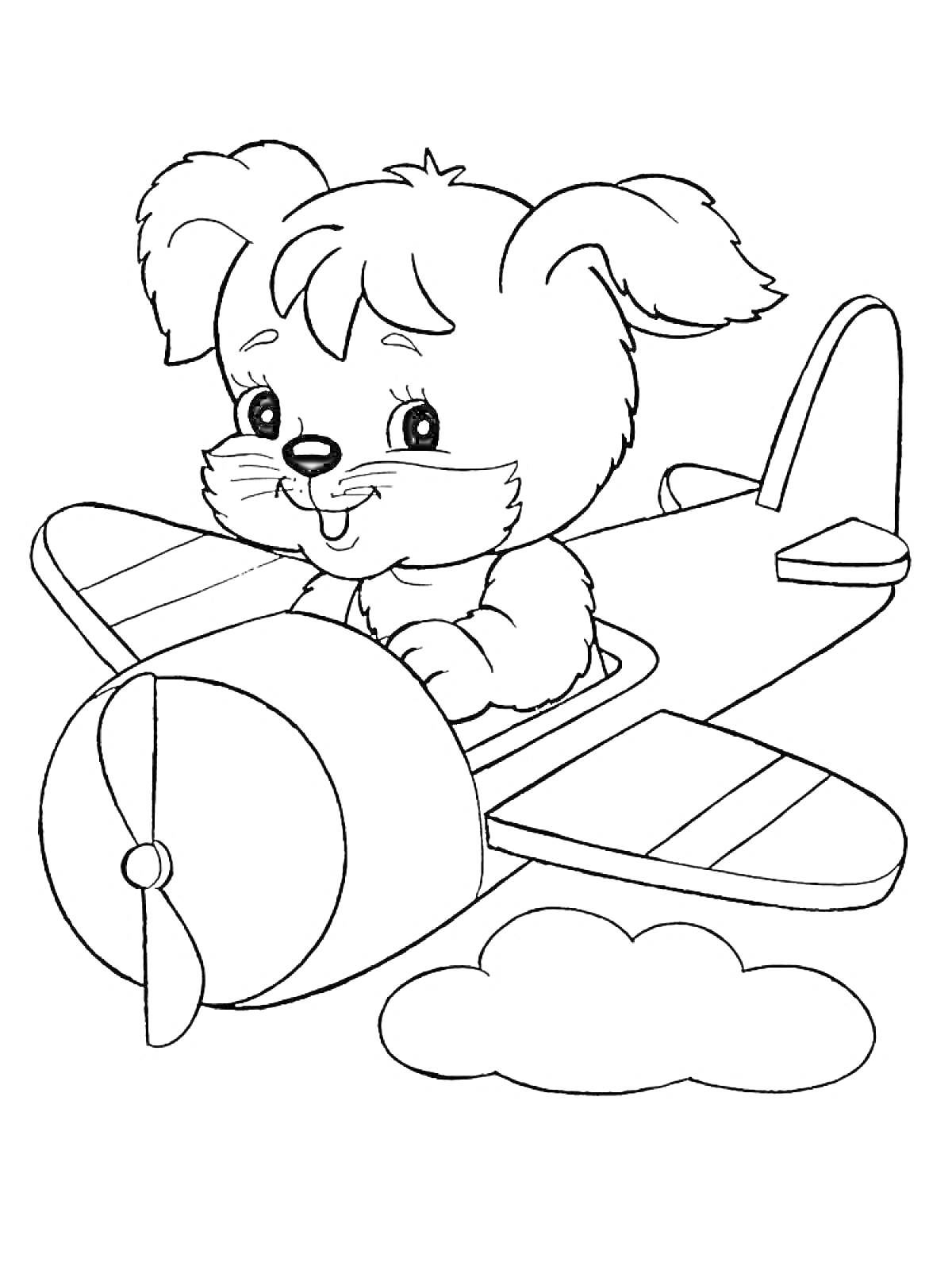 На раскраске изображено: Детский сад, Полет, Воздушное судно, Для детей, Облака, Самолеты, Собака