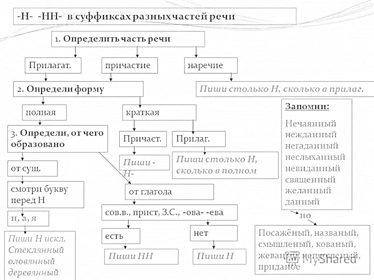 На раскраске изображено: Н и НН, Части речи, Суффиксы, Прилагательные, Причастия, Наречия, Правила, Орфография, Русский язык, Правописание