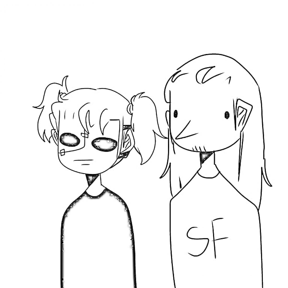 Раскраска двое персонажей с длинными волосами, один с маской и двумя хвостиками, другой с бородой, футболка с надписью SF