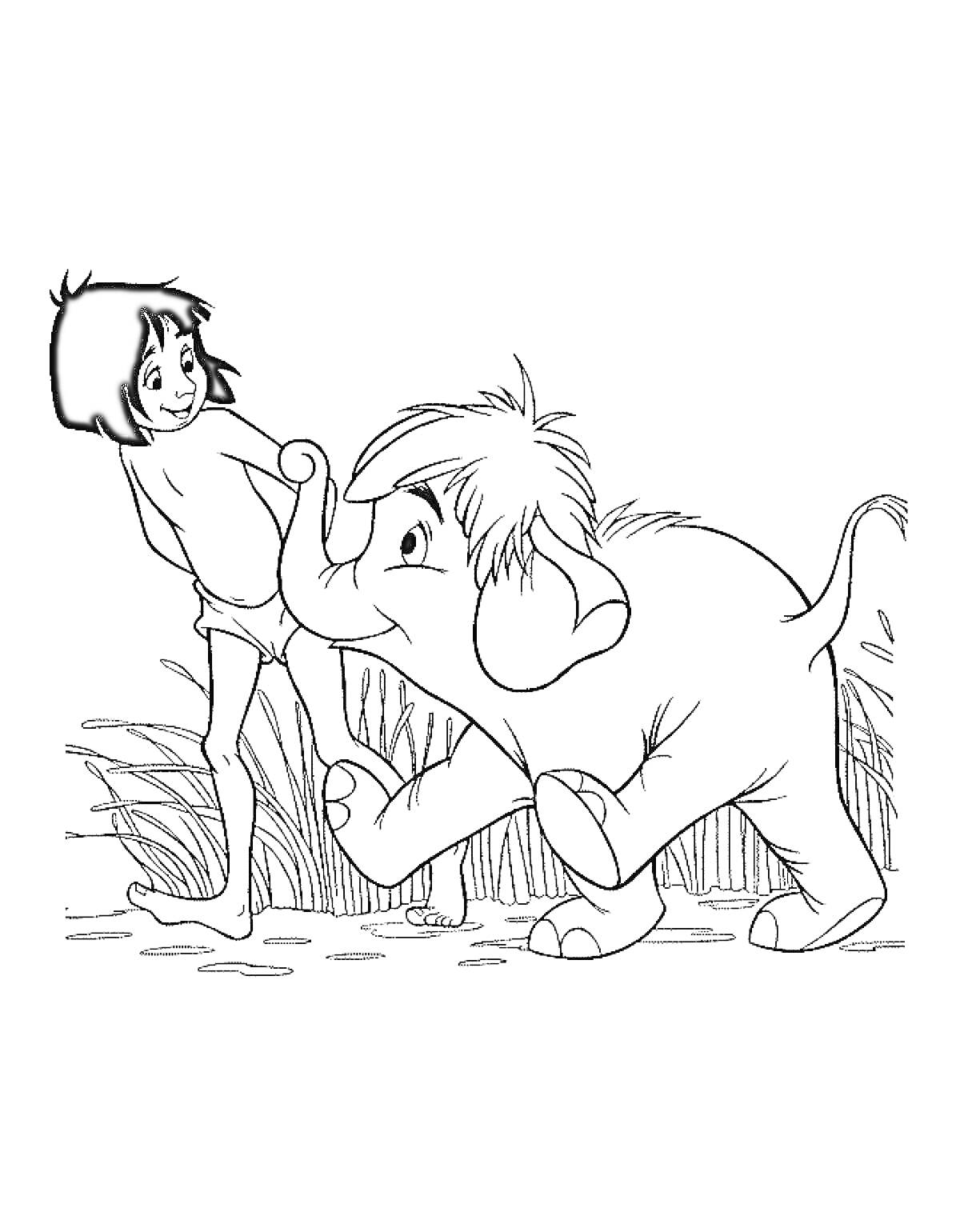 Раскраска Мальчик и слоненок на тропинке среди травы из Книги Джунглей