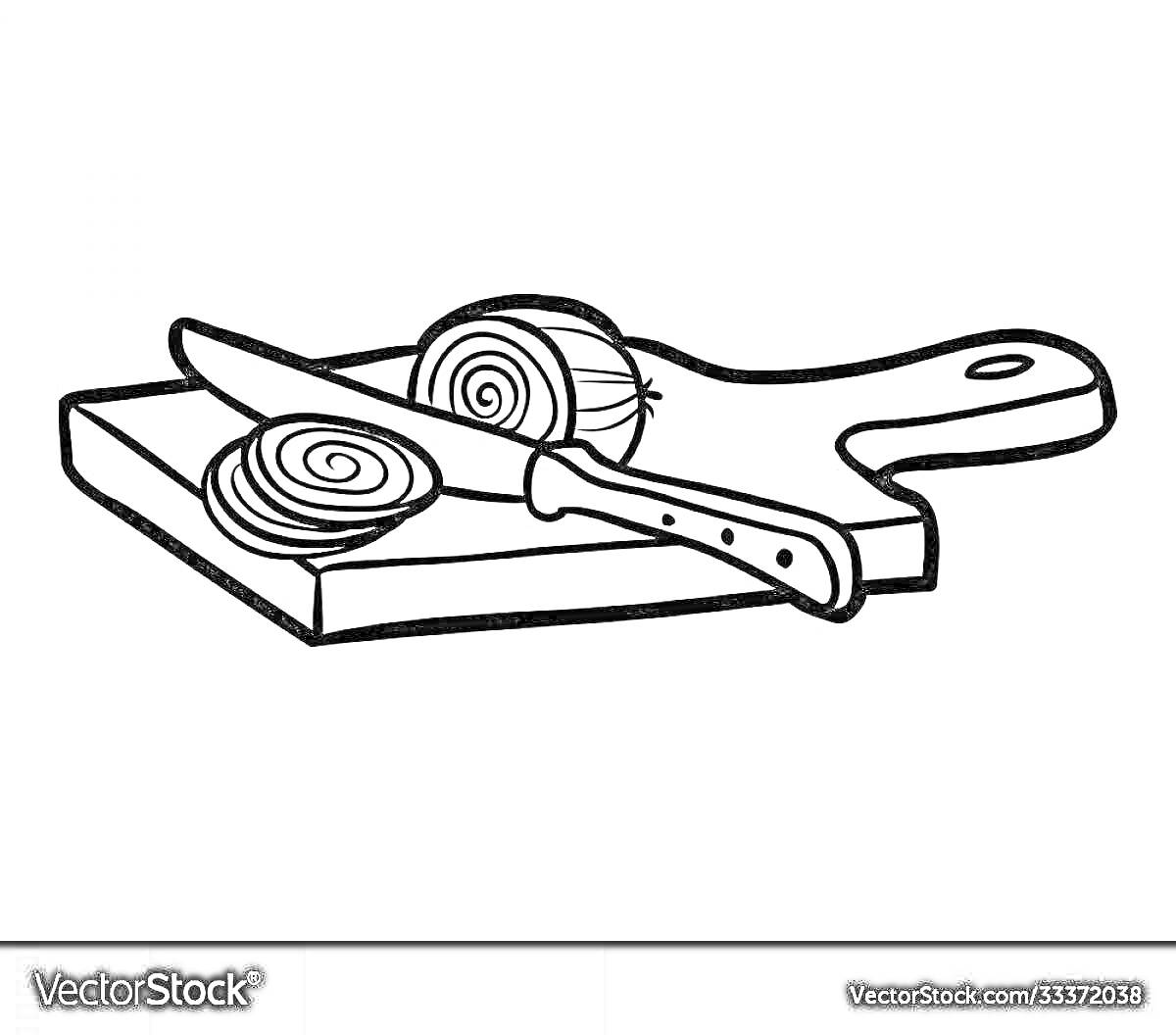 На раскраске изображено: Разделочная доска, Нож, Кулинария, Готовка, Овощи, Кухонные принадлежности