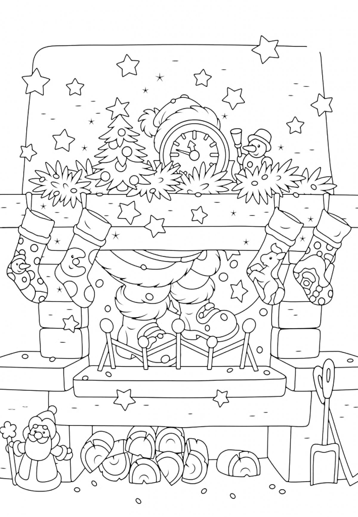 Раскраска Новогодняя ночь у камина с висящими носками, часами, ёлочкой, игрушками и снеговиком