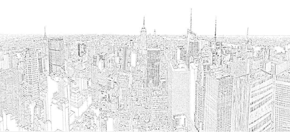 На раскраске изображено: Нью-Йорк, Панорама, Небоскребы, Архитектура, Линии, Горизонт