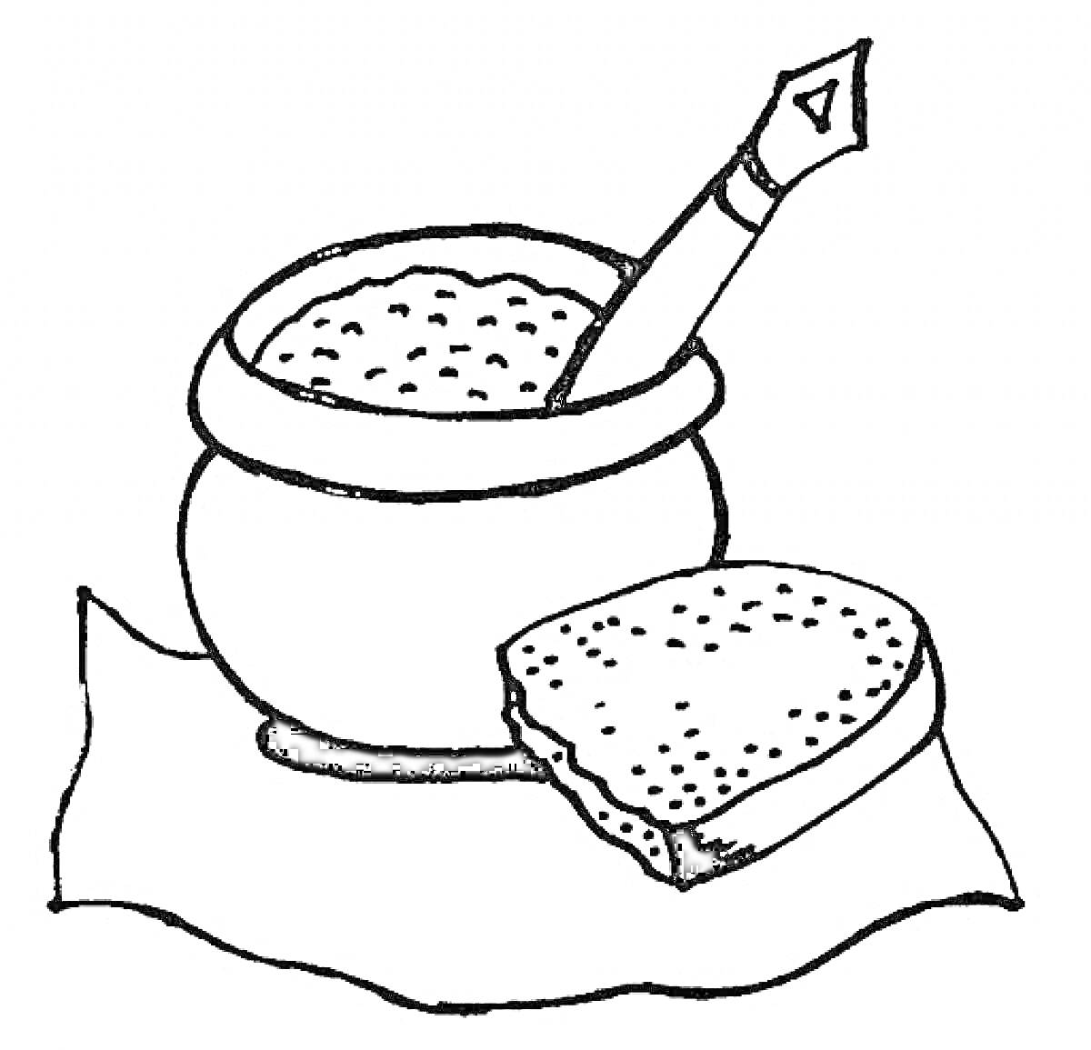 Раскраска Каша из горшка с кусочком хлеба и топором