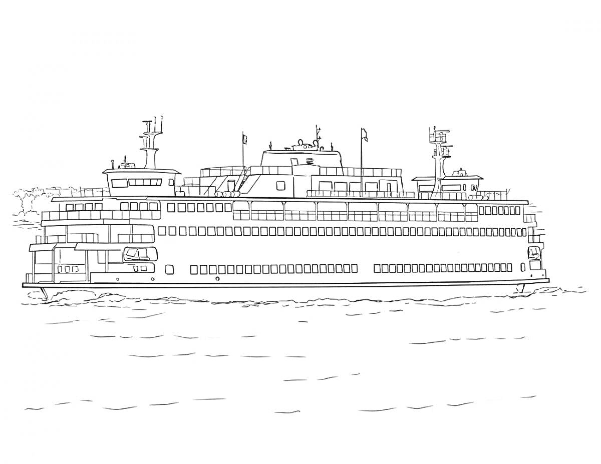 Раскраска теплоход на воде с мостиком и окнами, вид сбоку, флаг на верхней части