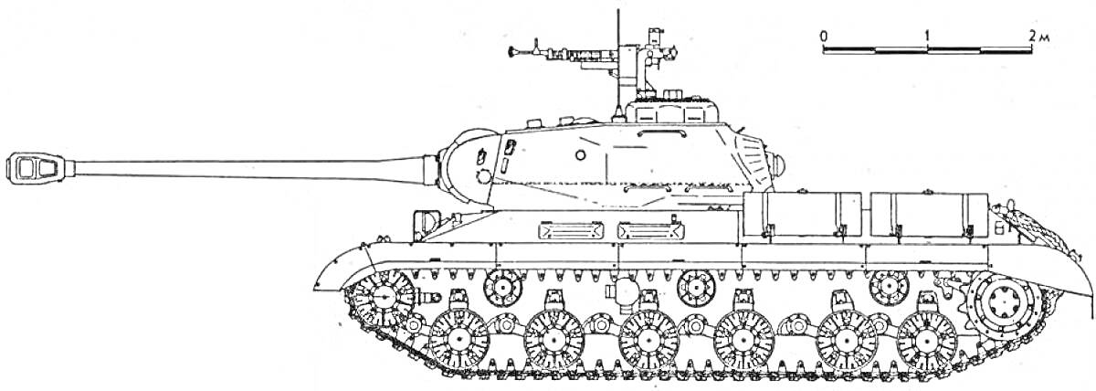 Раскраска Танк ИС-2 с длинным орудием, бронекорпусом, башней, пулеметом, гусеницами и катками