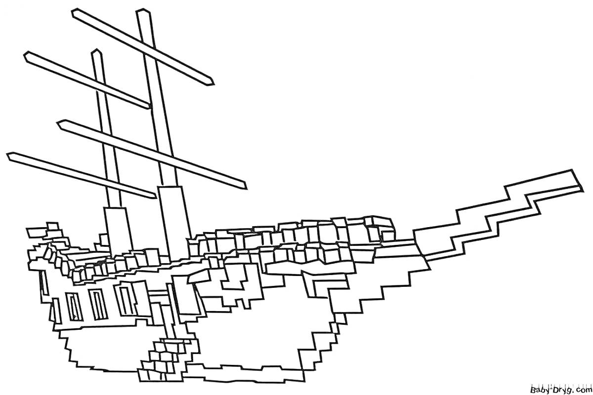 Раскраска Пиксельный корабль с тремя мачтами и лестницей