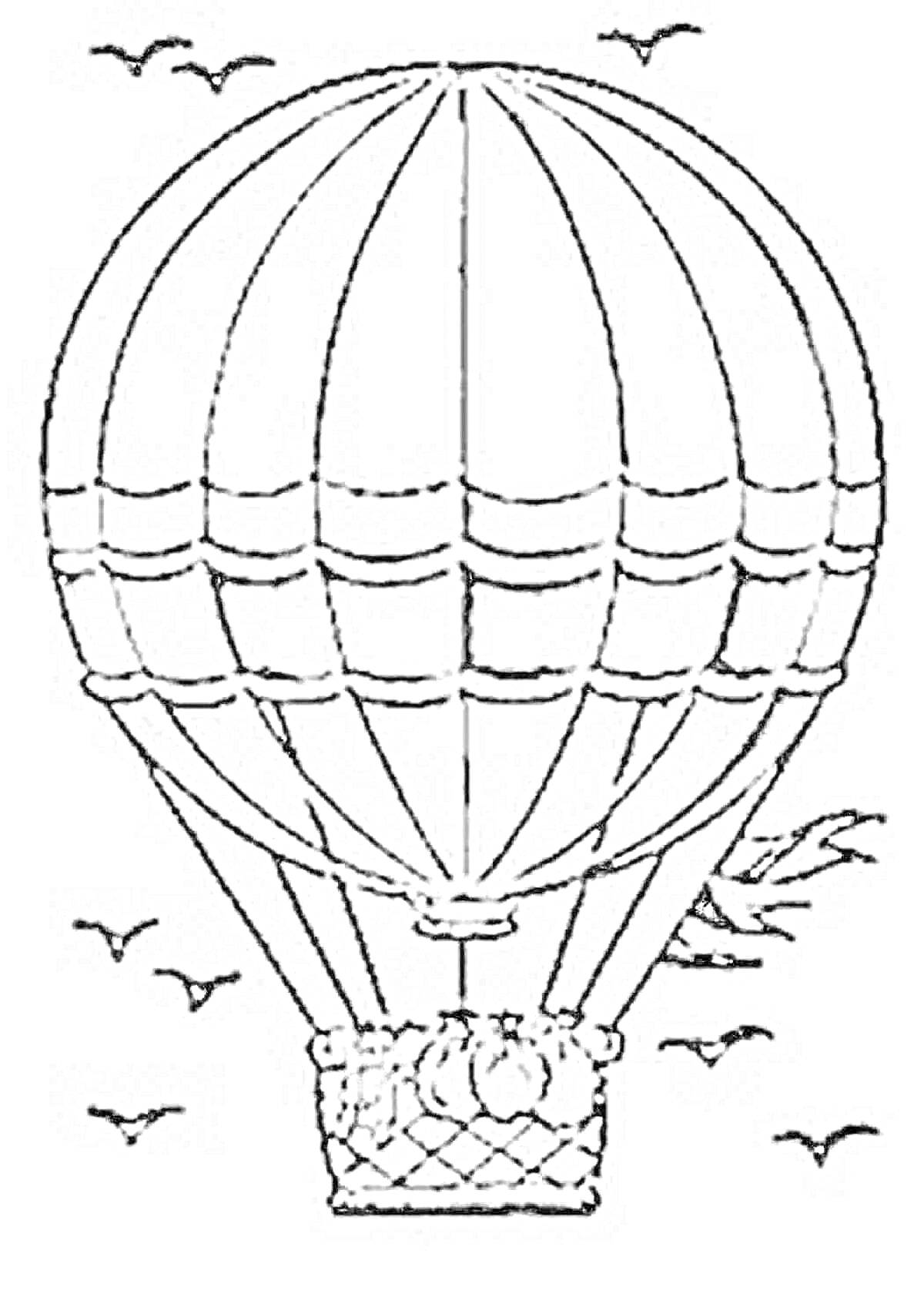 Раскраска Воздушный шар с корзиной и птицами на фоне