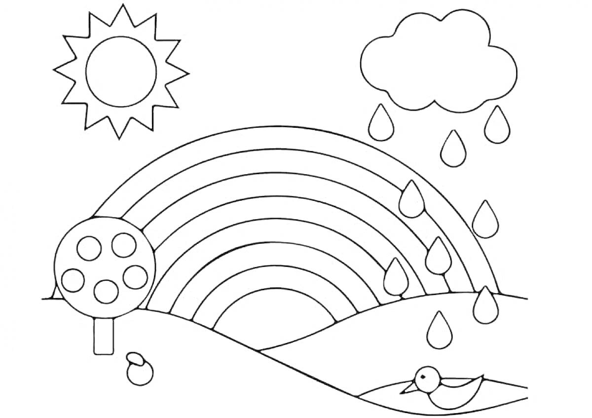 Раскраска Радуга над ландшафтом с солнцем, облаком, деревом и птицей