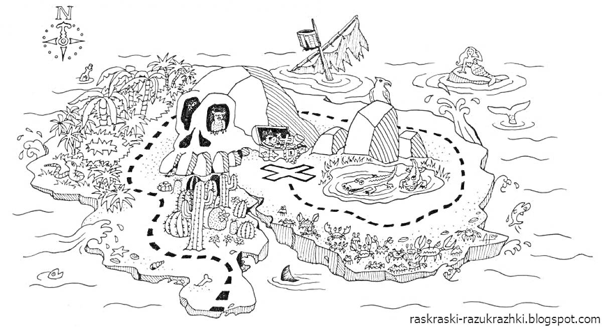 Раскраска Пиратская карта с черепом, пальмами, костром, кораблями, озером с акулами, горой и следом, ведущим к кресту