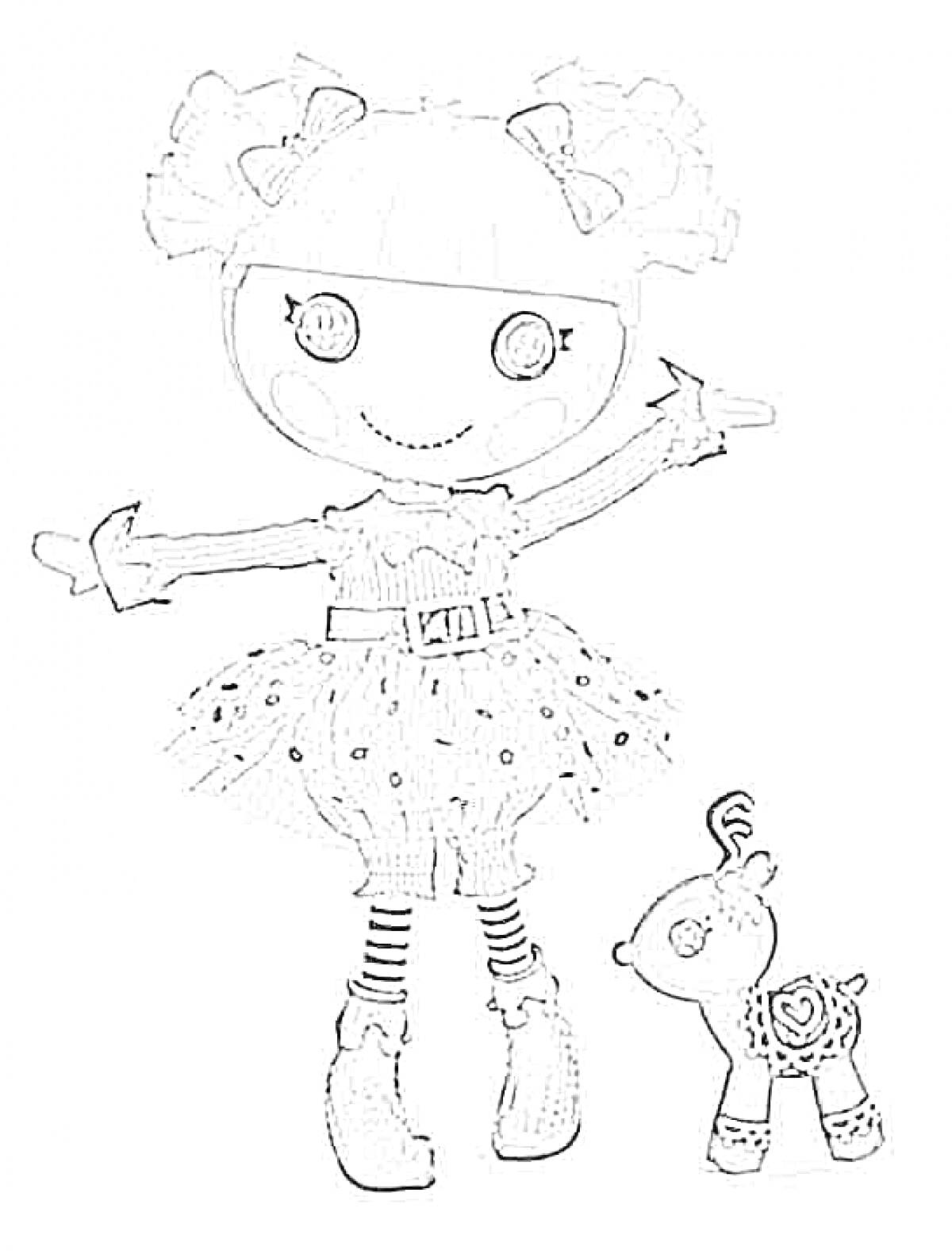Раскраска Девочка с хвостиками и кукольная лошадка