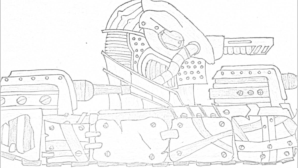РаскраскаТанк Левиафан со сложной механической конструкцией, включающей амортизаторы, броню, пулеметы, механику и оранжевые элементы.