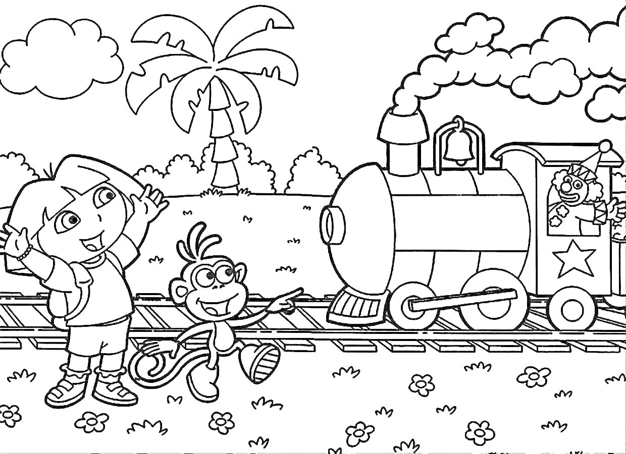 На раскраске изображено: Железная дорога, Поезд, Безопасность, Рельсы, Деревья, Дым, Облака, Природа