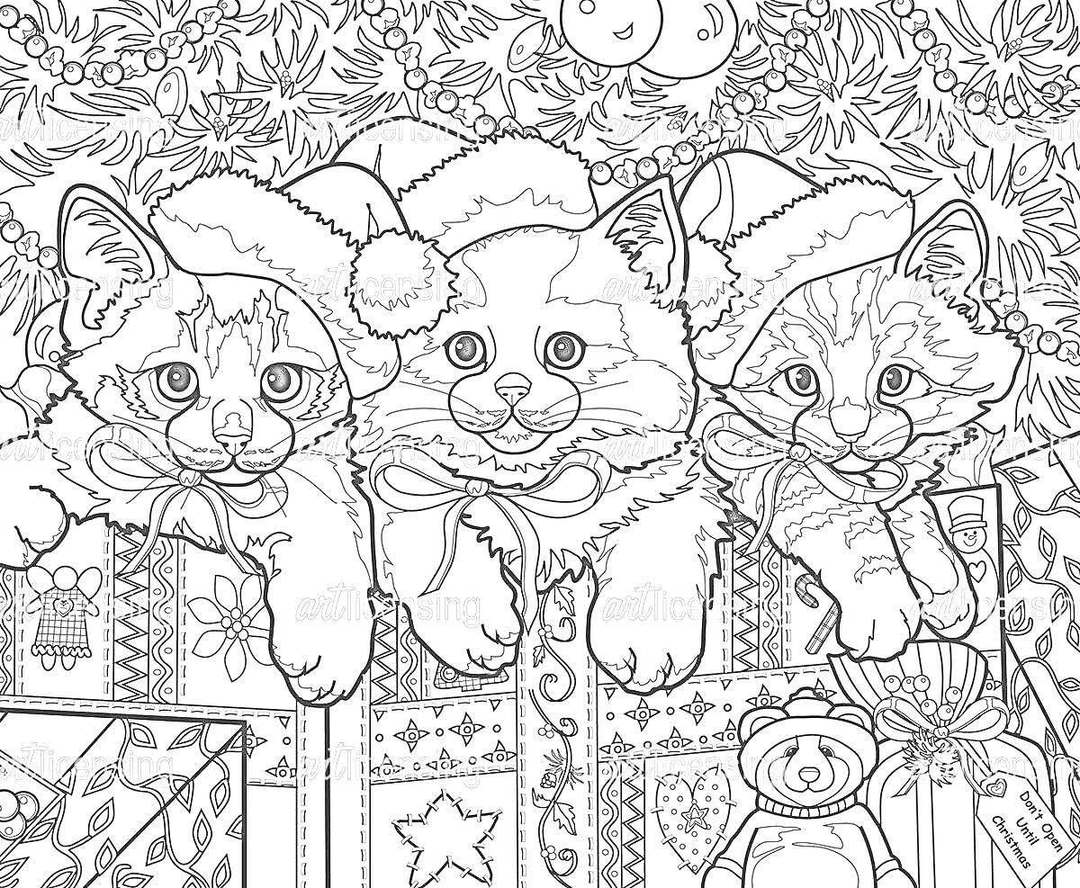 Раскраска Три котика в новогодних шапках лежат на подарках под елкой
