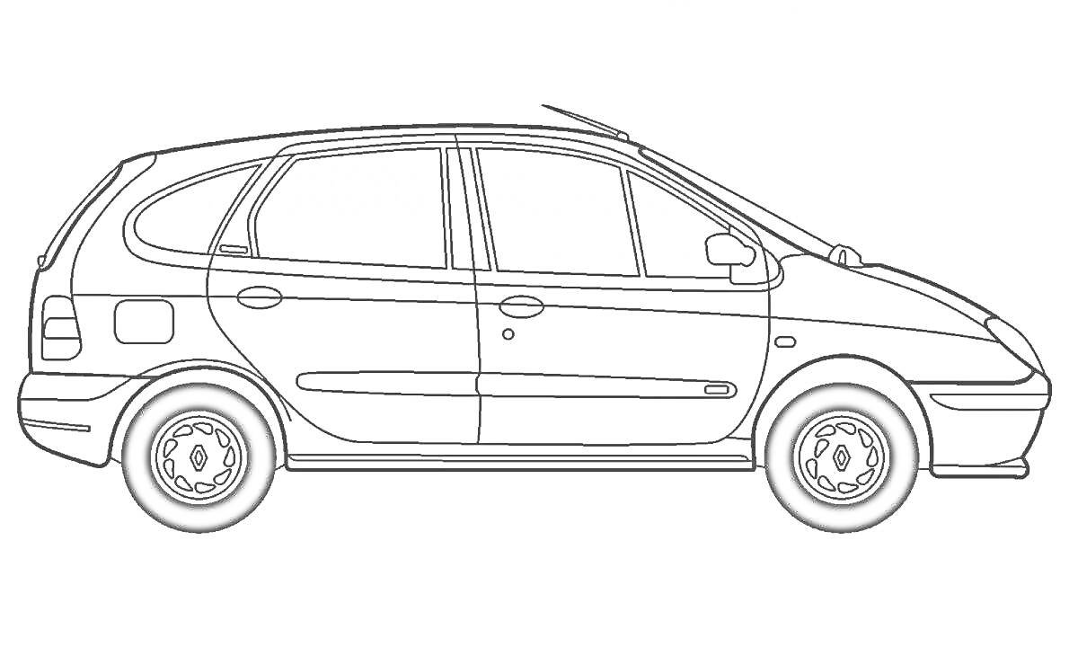 Раскраска Боковая проекция автомобиля Рено Логан, четыре двери, боковые зеркала, колеса